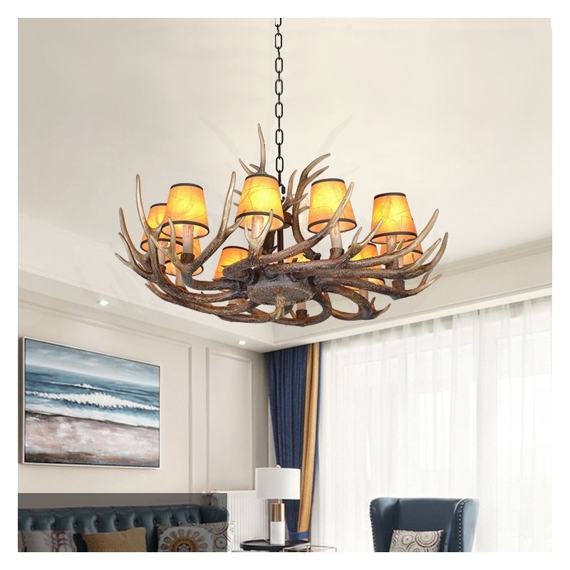 Lampadario antico retrò rustico con paralumi in corna di cervo, 10 luci E14, Ø 90 cm
