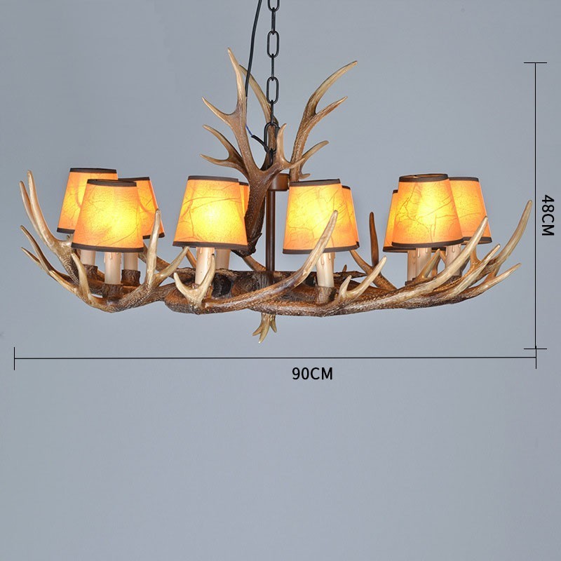 Lampadario antico retrò rustico con paralumi in corna di cervo, 10 luci E14, Ø 90 cm