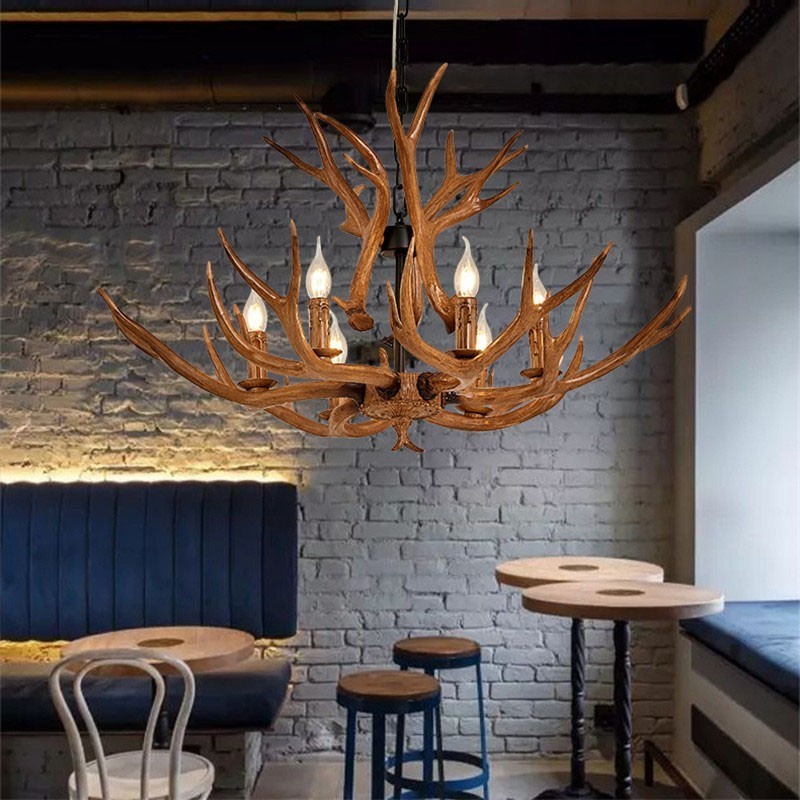 Lampadario rustico retrò a 6 luci con corna di cervo, E14, Ø 88 cm