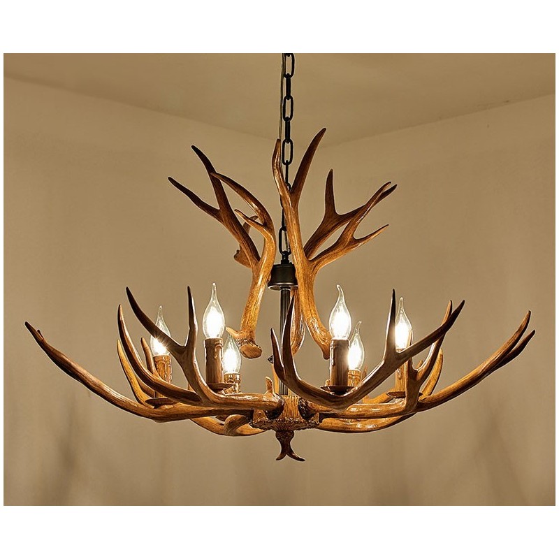 Lampadario rustico retrò a 6 luci con corna di cervo, E14, Ø 88 cm