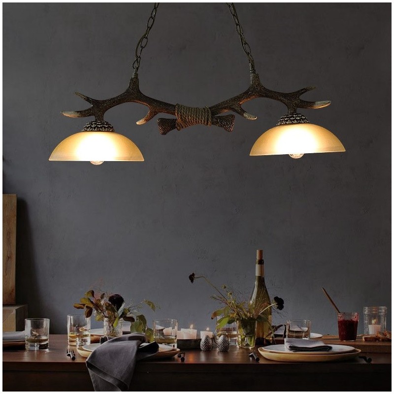 Lampada a sospensione vintage rustica nera 2 luci con paralume in vetro E27
