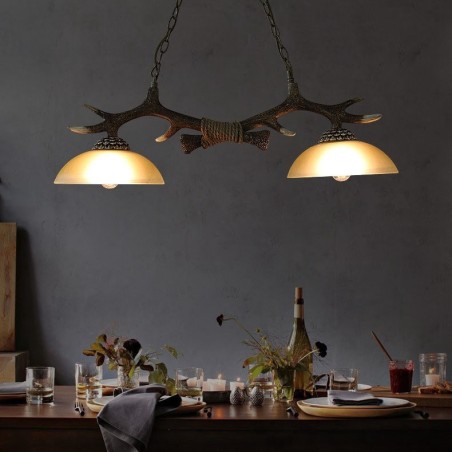 Lampada a sospensione vintage rustica nera 2 luci con paralume in vetro E27