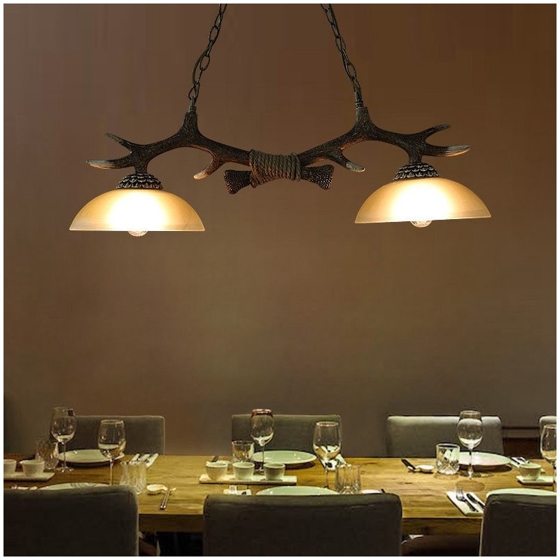 Lampada a sospensione vintage rustica nera 2 luci con paralume in vetro E27
