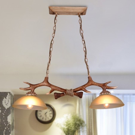 Lampada a sospensione rustica vintage a 2 luci marrone chiaro con paralume in vetro