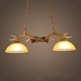 Lampada a sospensione rustica vintage a 2 luci marrone chiaro con paralume in vetro