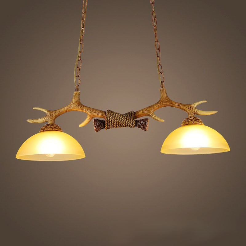 Lampada a sospensione rustica vintage a 2 luci marrone chiaro con paralume in vetro