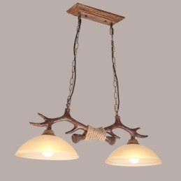 Lampada a sospensione rustica vintage a 2 luci marrone chiaro con paralume in vetro
