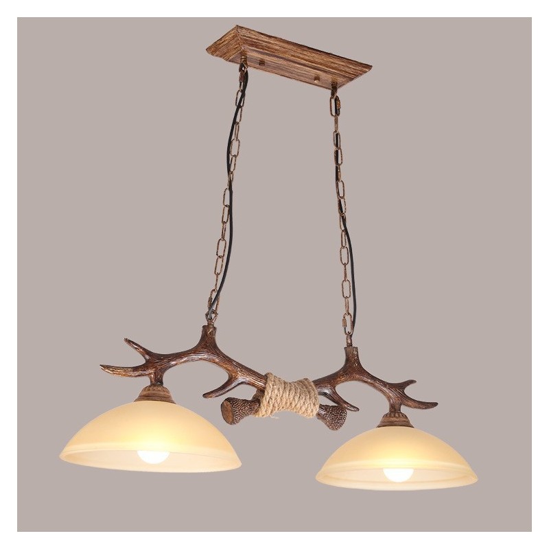 Lampada a sospensione rustica vintage a 2 luci marrone chiaro con paralume in vetro