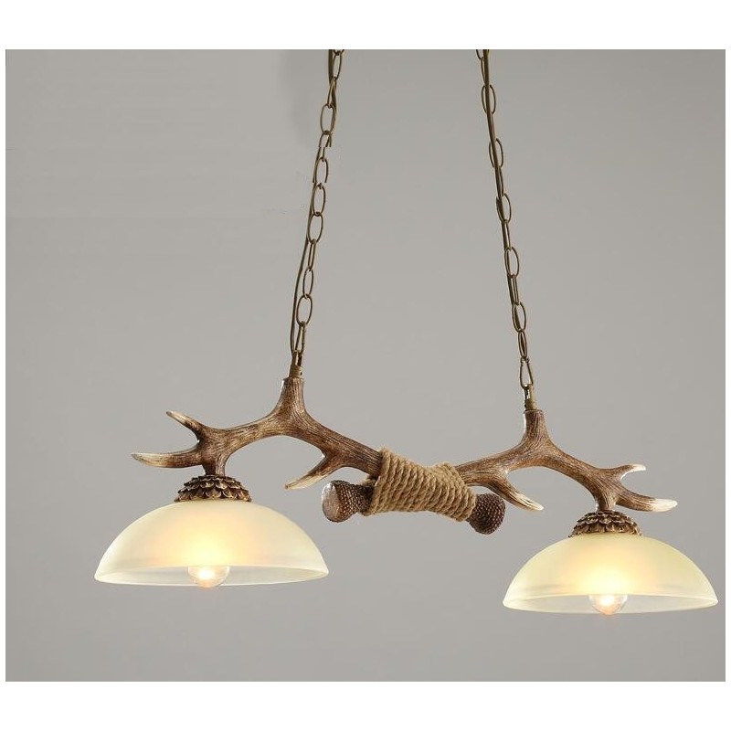 Lampada a sospensione rustica vintage a 2 luci marrone chiaro con paralume in vetro