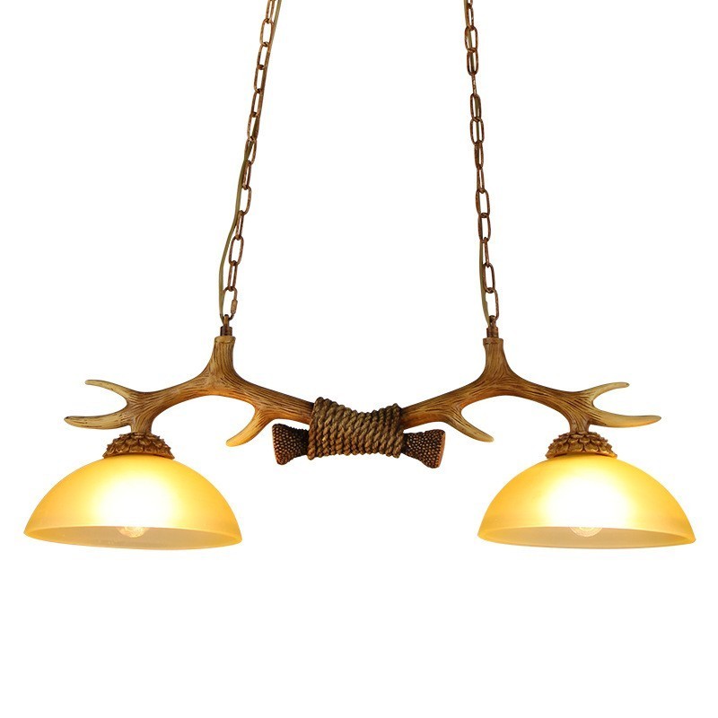 Lampada a sospensione rustica vintage a 2 luci marrone chiaro con paralume in vetro