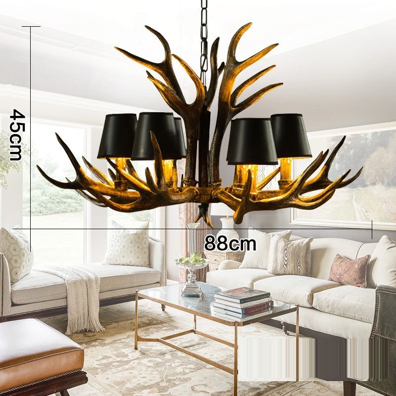 Lampadario rustico retrò nero a 6 luci con paralumi E14