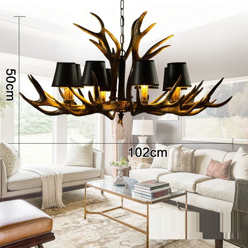 Lampadario rustico retrò nero a 8 luci con paralumi E14