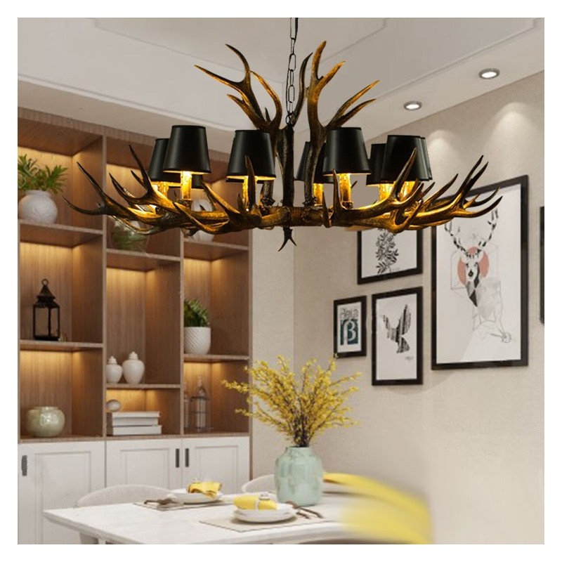 Lampadario rustico retrò con paralumi a corna di cervo, 10 luci E14, Ø118 cm