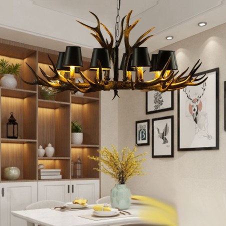 Lampadario rustico retrò con paralumi a corna di cervo, 10 luci E14, Ø118 cm