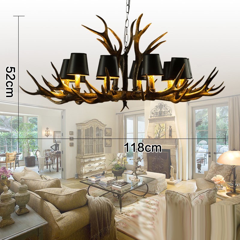 Lampadario rustico retrò con paralumi a corna di cervo, 10 luci E14, Ø118 cm