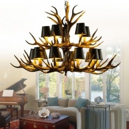 Lampadario rustico antico retrò nero a 15 luci con paralumi