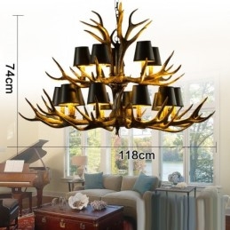Lampadario rustico antico retrò nero a 15 luci con paralumi