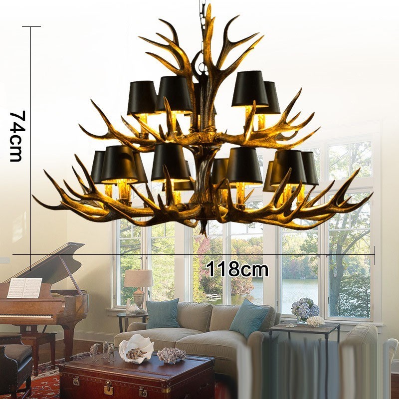 Lampadario rustico antico retrò nero a 15 luci con paralumi