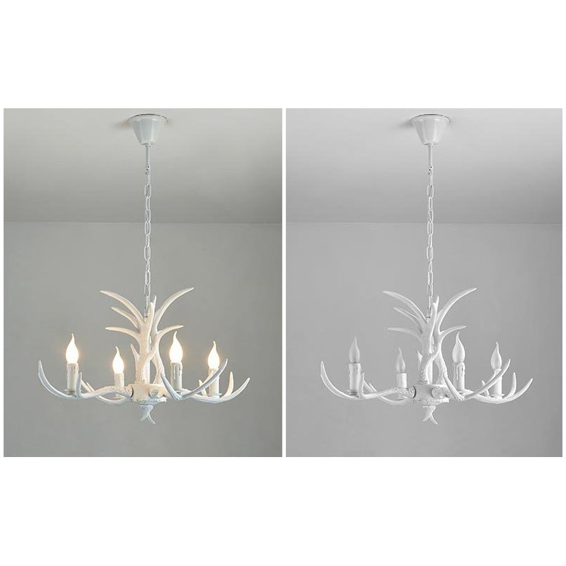 Lampadario rustico bianco a 4 luci con corna di cervo E14