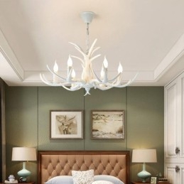 Lampadario rustico bianco a 6 luci con corna di cervo E14