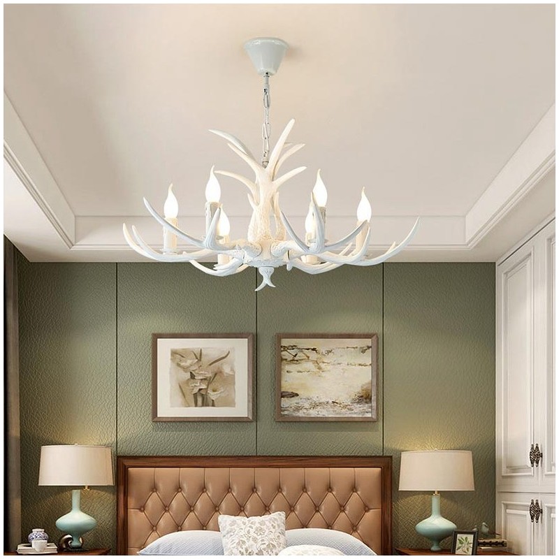 Lampadario rustico bianco a 6 luci con corna di cervo E14