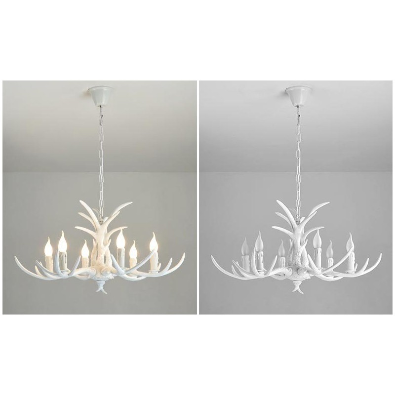 Lampadario rustico bianco a 6 luci con corna di cervo E14
