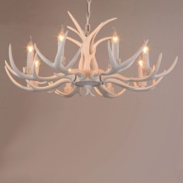 Lampadario rustico bianco a 8 luci con corna di cervo