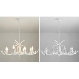 Lampadario rustico bianco a 8 luci con corna di cervo