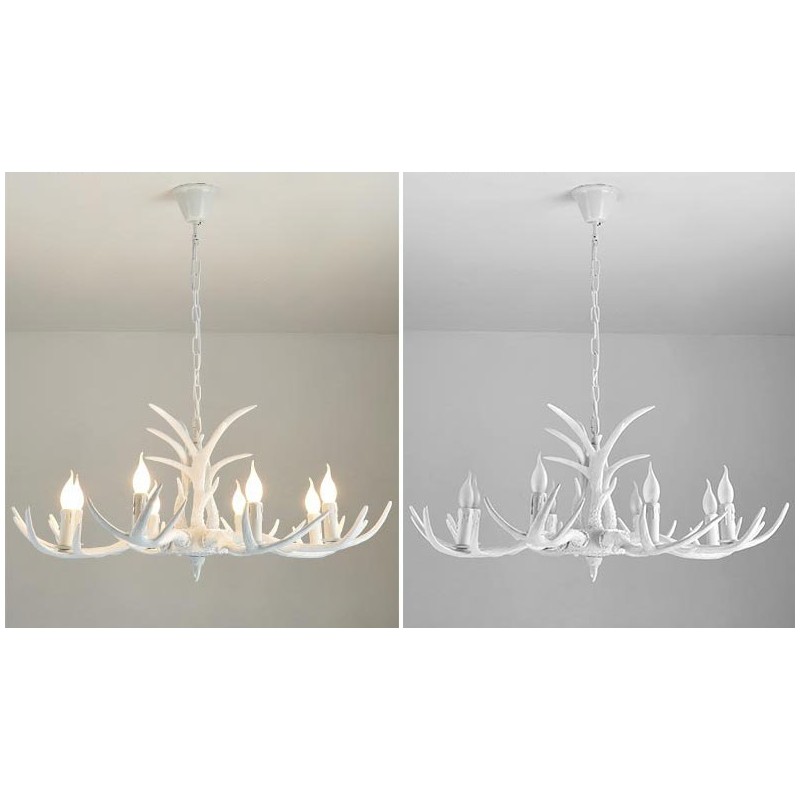 Lampadario rustico bianco a 8 luci con corna di cervo