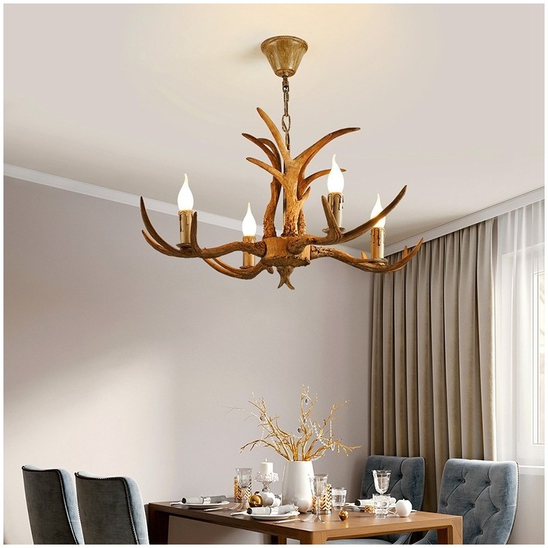 Lampadario rustico antico retrò a 4 luci con corna di cervo