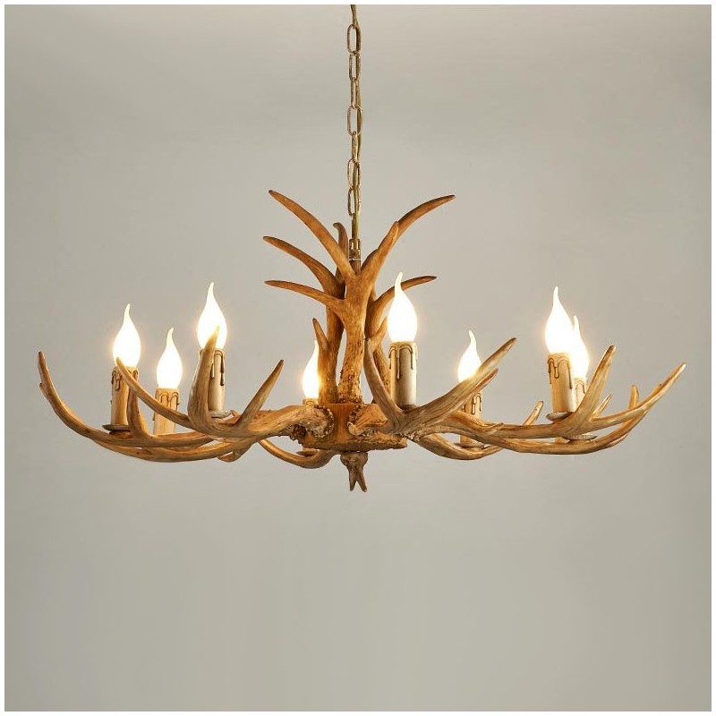 Lampadario rustico antico retrò a 8 luci con corna di cervo, E14, Ø 85 cm