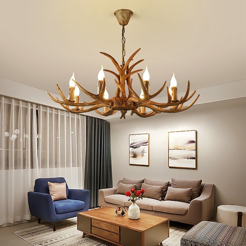 Lampadario rustico antico retrò a 8 luci con corna di cervo, E14, Ø 85 cm