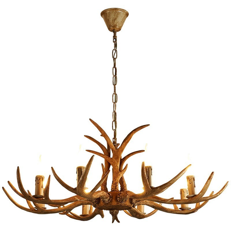 Lampadario rustico antico retrò a 8 luci con corna di cervo, E14, Ø 85 cm
