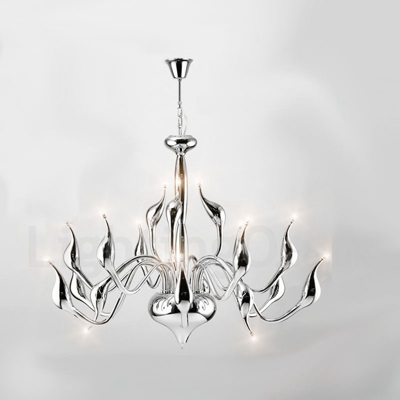 Lampadario a cigno moderno in acciaio inox cromato a 18 luci G4