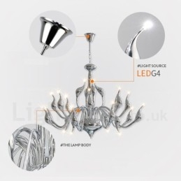 Lampadario a cigno moderno in acciaio inox cromato a 18 luci G4