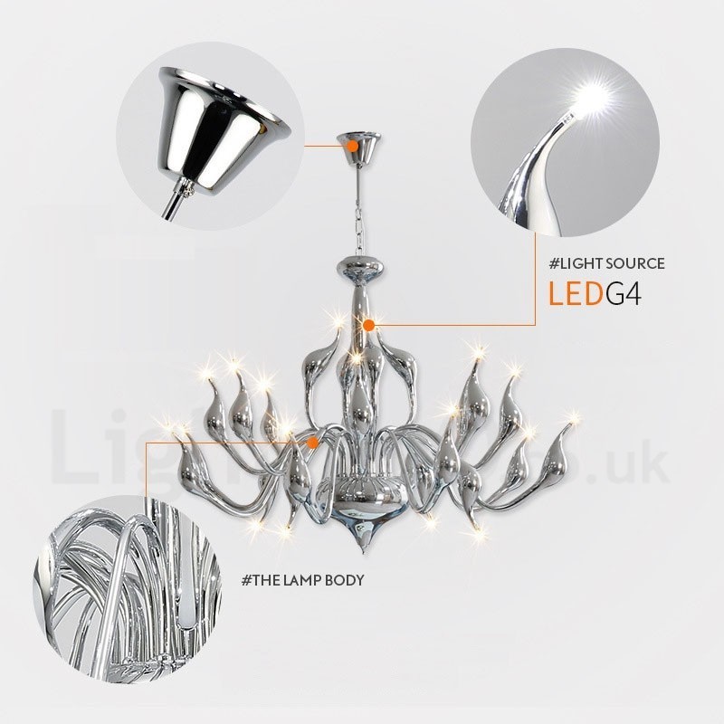 Lampadario a cigno moderno in acciaio inox cromato a 18 luci G4