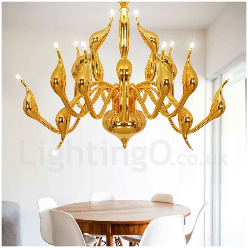 Lampadario a cigno postmoderno in acciaio inox a 18 luci G4 finitura oro
