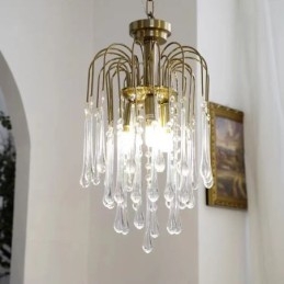 Lampadario in vetro a goccia d'acqua con attacco E14 e fissaggio in rame