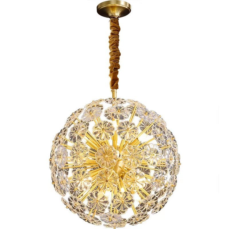 Lampada a sospensione nordica in cristallo e ottone sferico con dente di leone