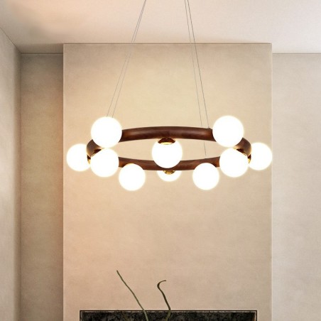 Lampadario a sospensione moderno in legno di noce nero con paralumi in vetro a forma di fagiolo e anello nordico