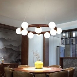 Lampadario a sospensione moderno in legno di noce nero con paralumi in vetro a forma di fagiolo e anello nordico