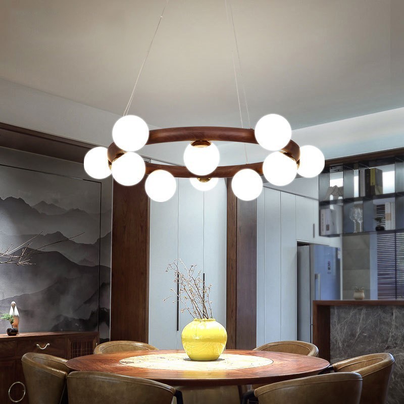 Lampadario a sospensione moderno in legno di noce nero con paralumi in vetro a forma di fagiolo e anello nordico