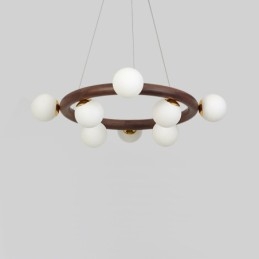 Lampadario a sospensione moderno in legno di noce nero con paralumi in vetro a forma di fagiolo e anello nordico