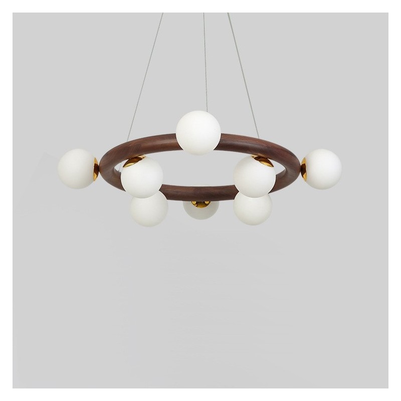 Lampadario a sospensione moderno in legno di noce nero con paralumi in vetro a forma di fagiolo e anello nordico