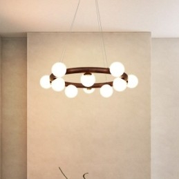 Lampadario a sospensione moderno in legno di noce nero con paralumi in vetro a forma di fagiolo e anello nordico