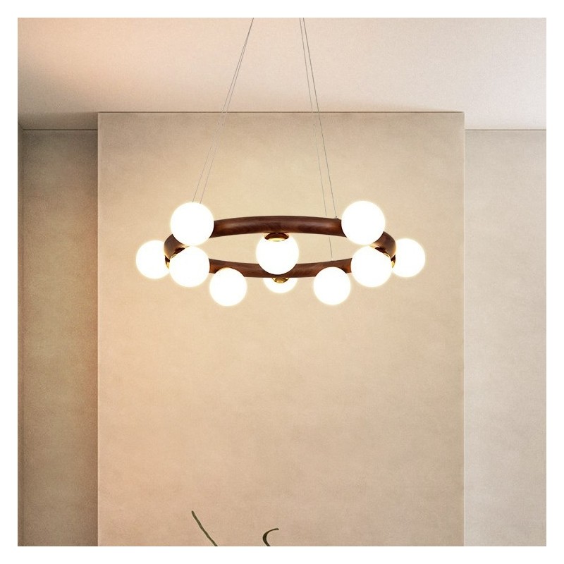 Lampadario a sospensione moderno in legno di noce nero con paralumi in vetro a forma di fagiolo e anello nordico
