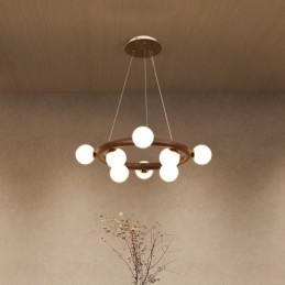 Lampadario a sospensione moderno in legno di noce nero con paralumi in vetro a forma di fagiolo e anello nordico