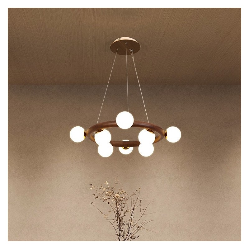 Lampadario a sospensione moderno in legno di noce nero con paralumi in vetro a forma di fagiolo e anello nordico