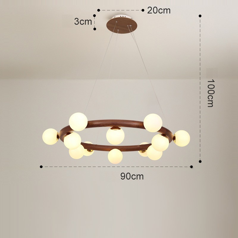 Lampadario a sospensione moderno in legno di noce nero con paralumi in vetro a forma di fagiolo e anello nordico