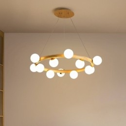 Lampadario a sospensione moderno in legno e vetro, ad anello, 70/80/90 cm, 8/10/12 luci